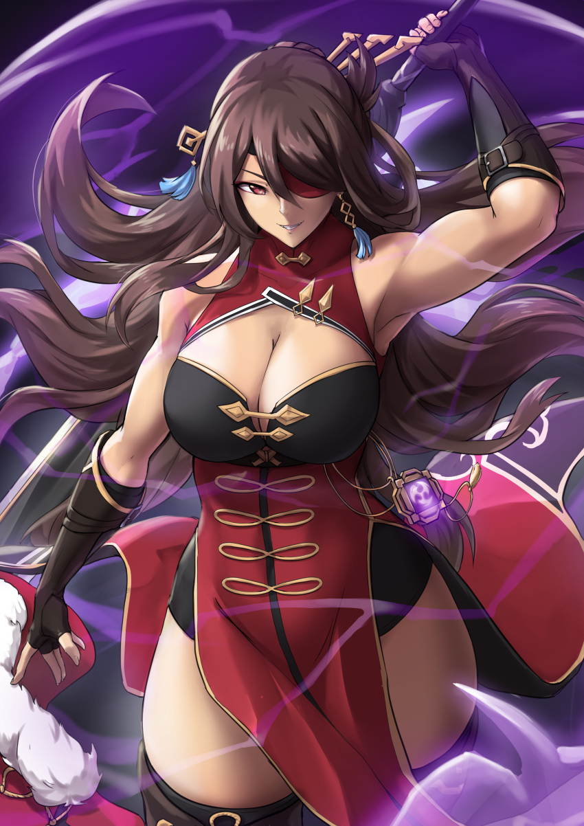 1girl, absurdres, armpits, bare_shoulders, beidou_(genshin_impact), black_gloves, black_legwear, breasts