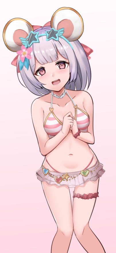 1girl, :d, animal_ears, bangs, bare_arms, bare_shoulders, bikini, bikini_skirt