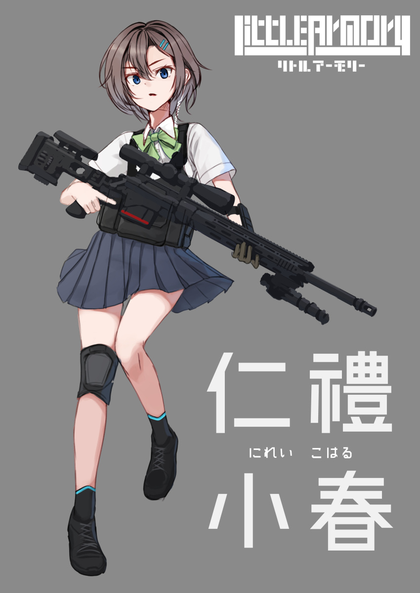 1girl, absurdres, bangs, black_footwear, black_legwear, blue_eyes, blue_skirt, bow