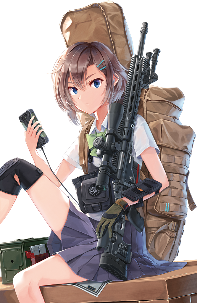 1girl, ammo_box, arm_guards, background_text, backpack, bag, bangs, blue_eyes