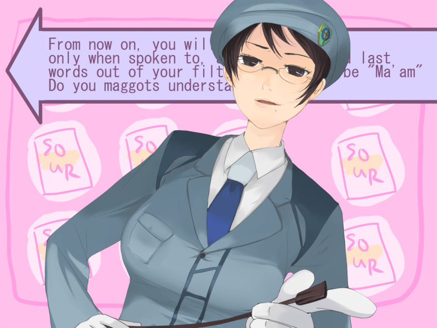 brown_hair, glasses, gundam, gundam_00, hat, kati_mannequin, masagomi, military