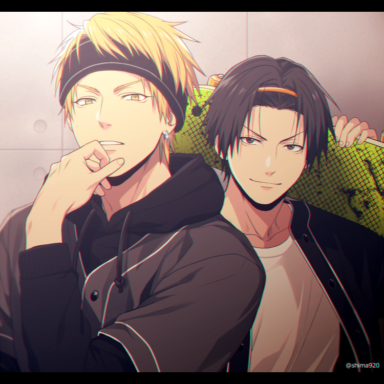 2boys, against_wall, bangs, black_eyes, black_hair, black_headband, black_hoodie, black_jacket
