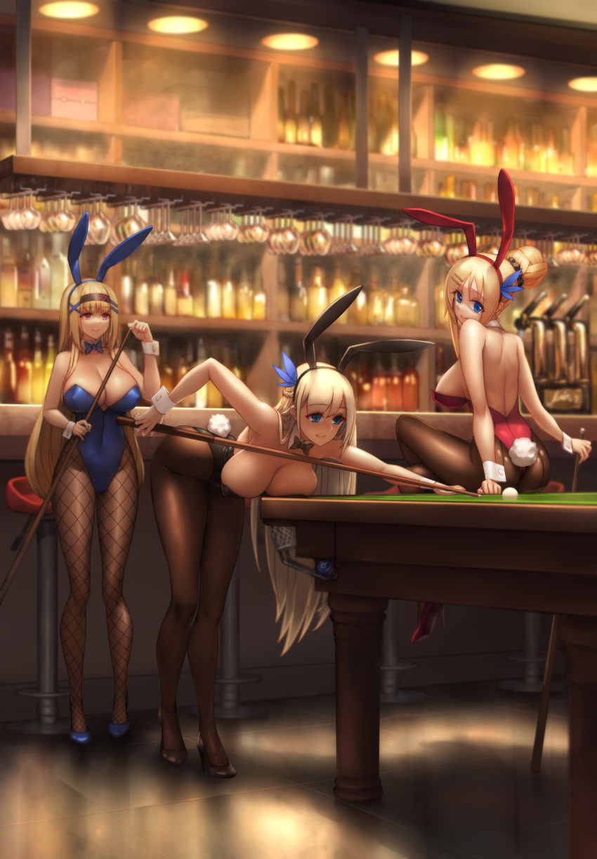 3girls, animal_ears, ass, billiards, blonde_hair, blue_eyes, bow, bowtie