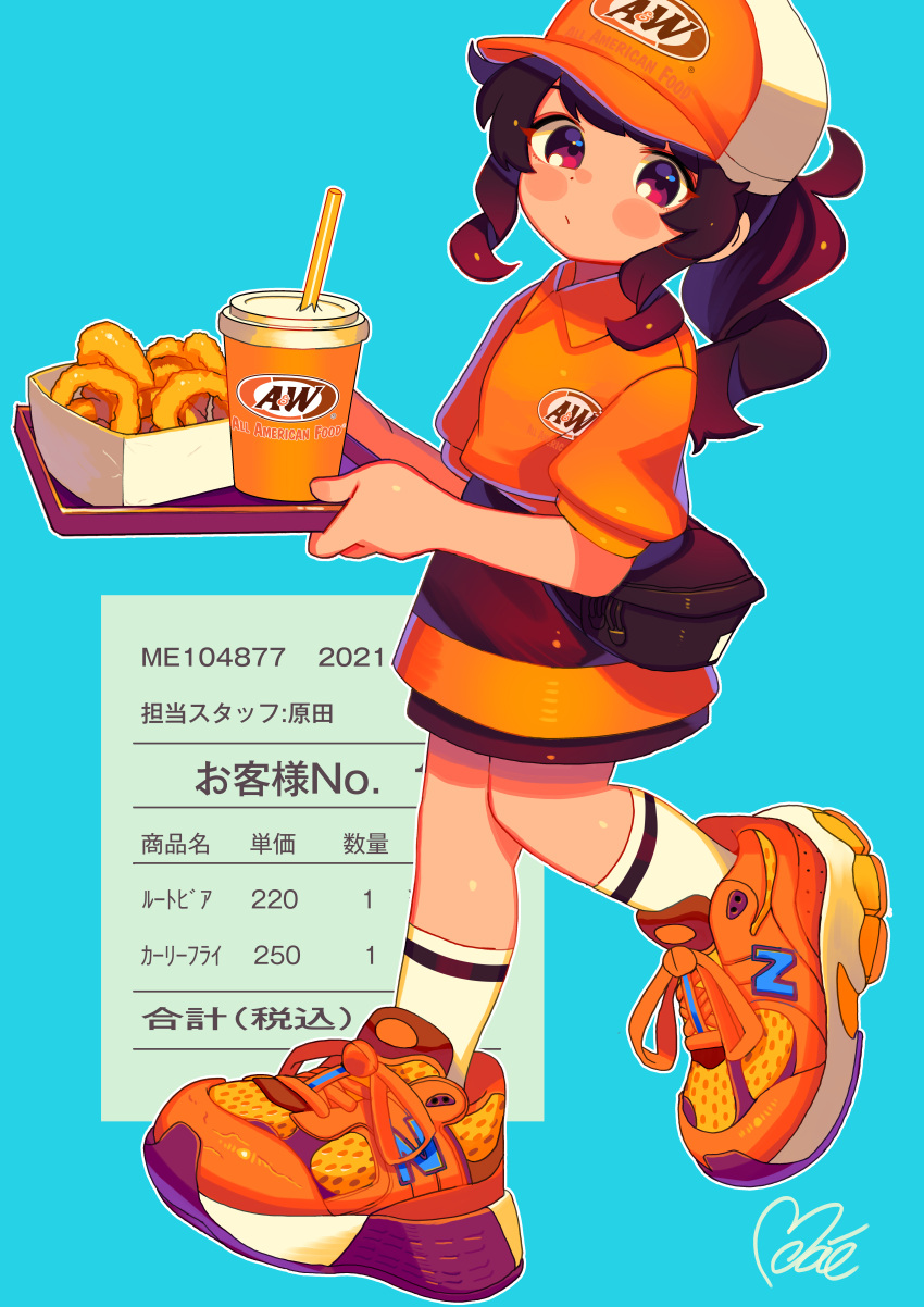 1girl, a&amp;w, absurdres, aqua_background, bag, bangs, baseball_cap, blush