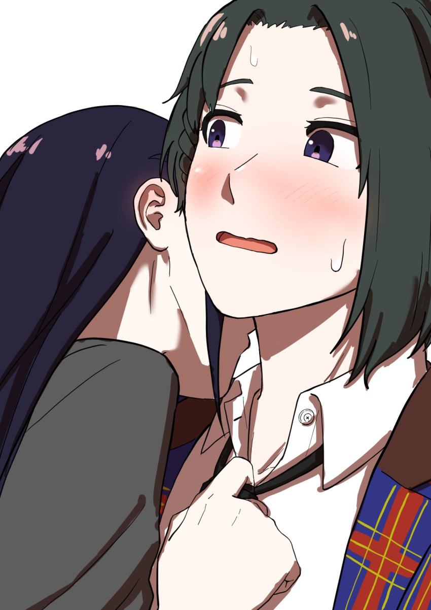 2girls, blue_eyes, blue_hair, blush, buttons, flannel, green_hair, highres