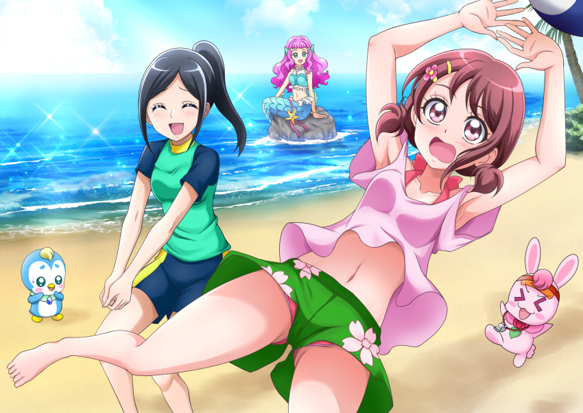 3girls, armpits, beach, beach_volleyball, bikini, bikini_under_clothes, blue_eyes, blue_shorts