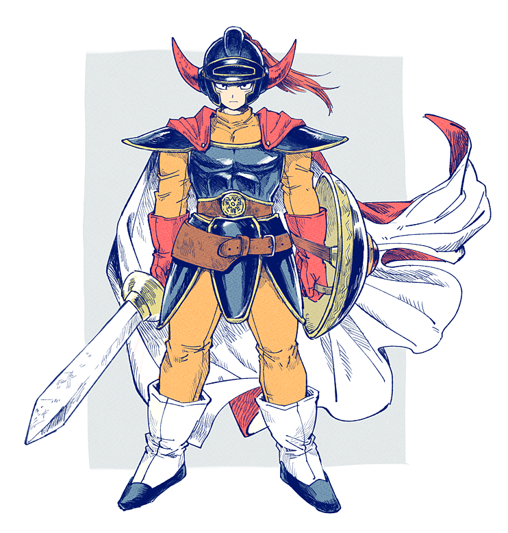 1boy, armor, cape, dragon_quest, dragon_quest_i, full_body, gloves, helmet