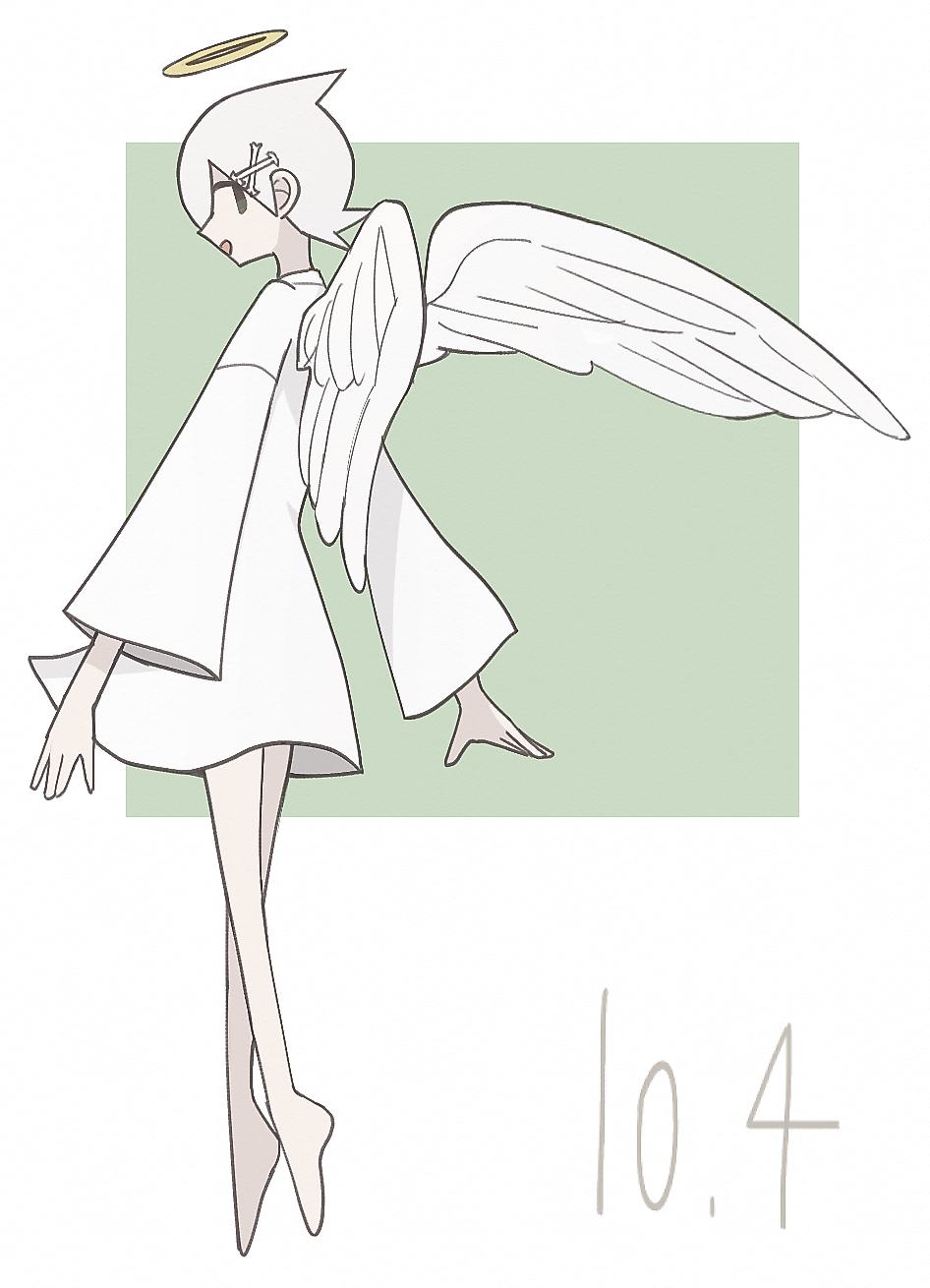 1girl, alternate_costume, alternate_eye_color, alternate_hair_color, angel_wings, arms_at_sides, bare_legs, barefoot, bone_hair_ornament, dated, dress, facing_away, feathered_wings, floating, from_side, full_body, fuura_kafuka, green_background, grey_eyes, hair_ornament, halo, highres, legs_together, light_smile, long_sleeves, looking_afar, looking_back, magusagari, muted_color, number, pale_skin, parted_lips, profile, sayonara_zetsubou_sensei, short_dress, short_hair, simple_background, solo, square, tiptoes, two-tone_background, very_short_hair, white_background, white_dress, white_hair, white_theme, white_wings, wide_sleeves, wings, x_hair_ornament