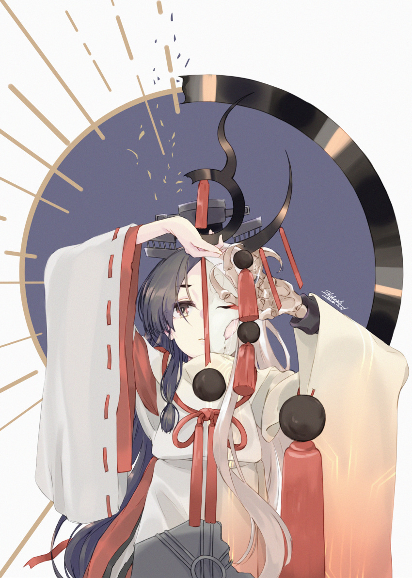 1girl, abyssal_ship, abyssal_sun_princess, alakoala, black_hair, brown_eyes, colored_skin, commentary_request