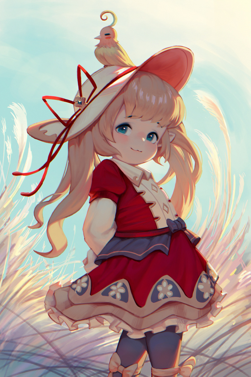 1girl, :3, absurdres, animal_on_head, arms_behind_back, bangs, bird, bird_on_head
