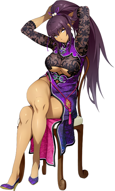 1girl, adjusting_hair, amanomiya_ayame, arms_up, black_hair, breasts, crossed_legs, dark_skin