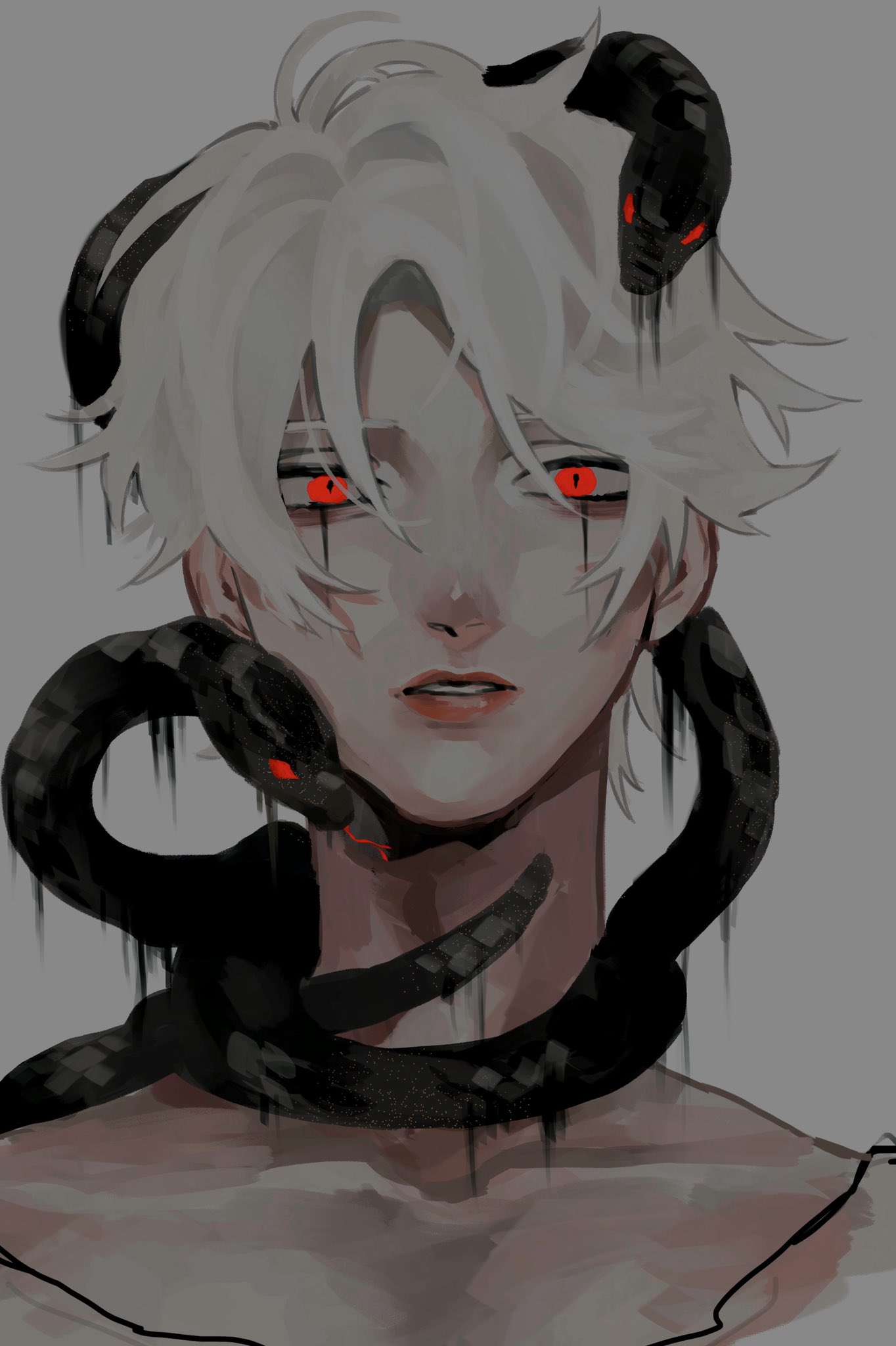 1boy, animal, animal_around_neck, black_snake, collarbone, dripping, facial_mark, grey_background