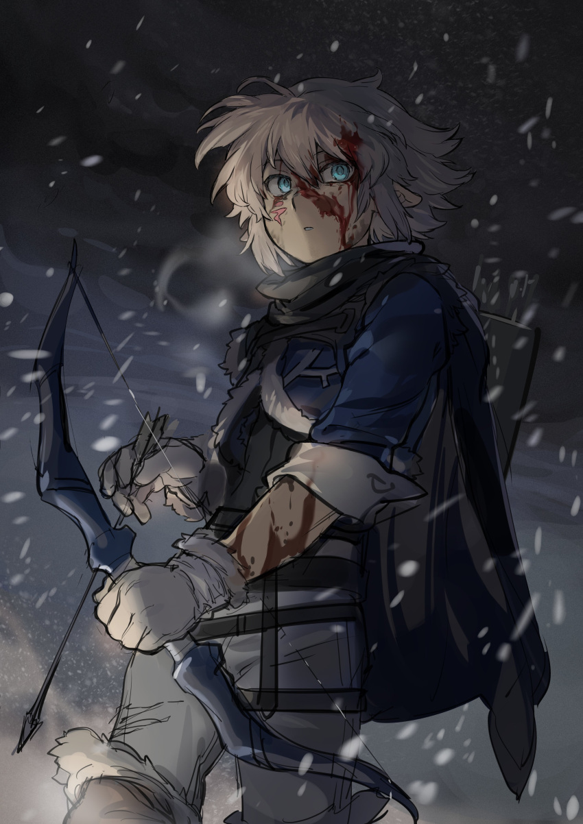1boy, absurdres, arrow_(projectile), black_cloak, blizzard, blood, blood_on_face, bloody_clothes
