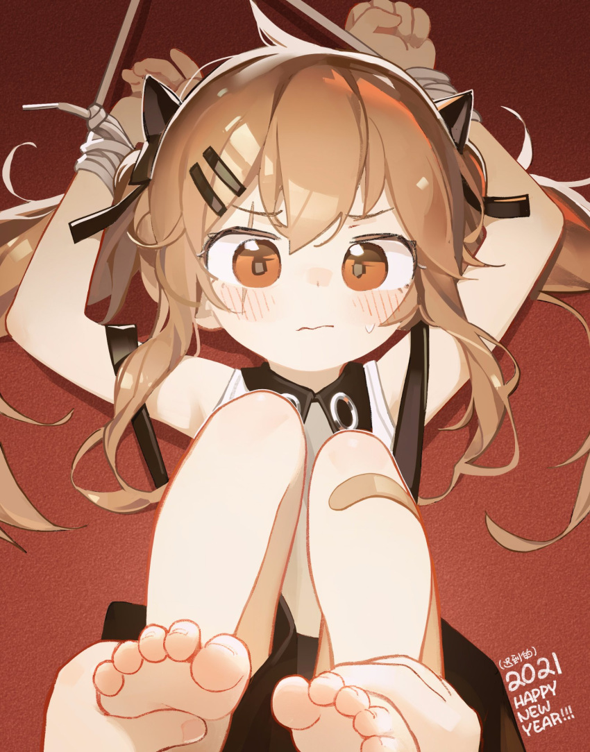 1girl, 2021, bandaid, bandaid_on_leg, bangs, barefoot, blush, bound