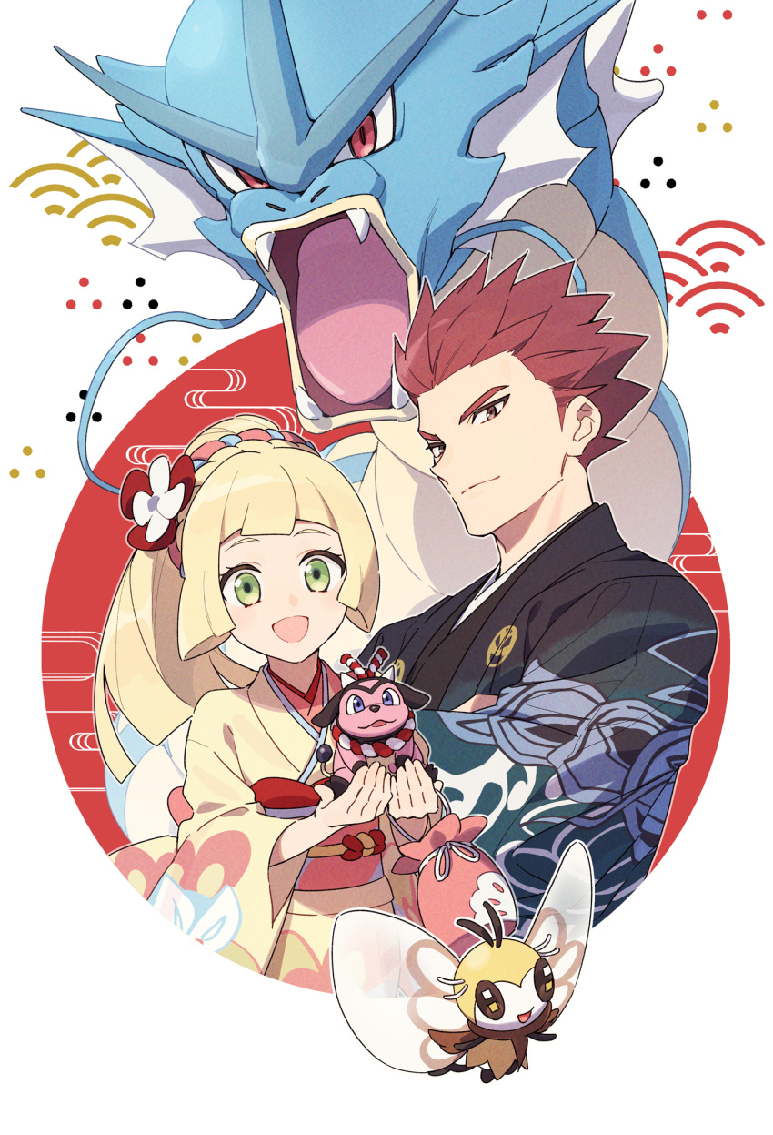 1boy, 1girl, :d, blonde_hair, closed_mouth, commentary_request, eyelashes, floral_print