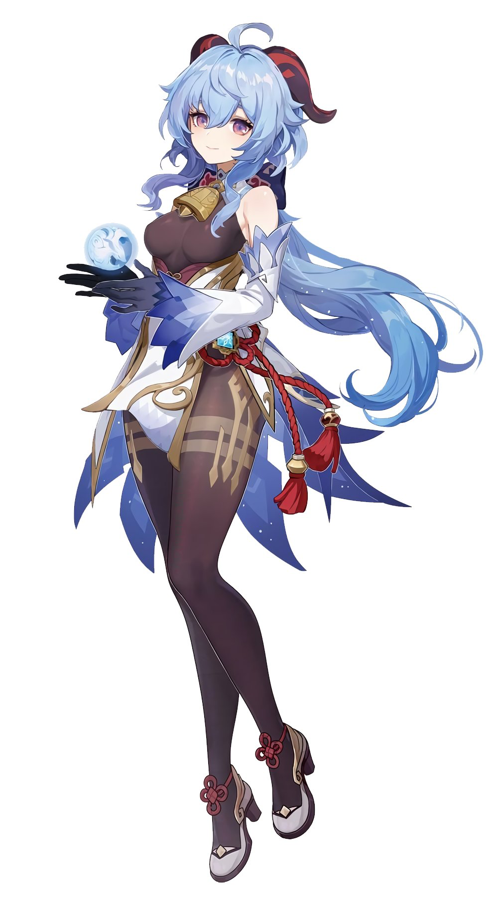 1girl, ahoge, bell, black_gloves, blue_hair, bodystocking, breasts, cowbell