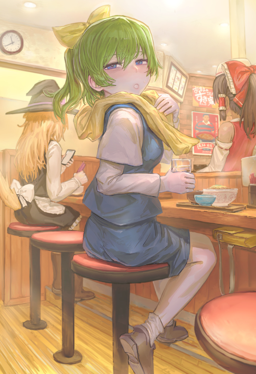 3girls, absurdres, alcohol, apron, australopithecus_(cookie), bag, bangs, bar, black_dress, blouse, blue_eyes, blue_skirt, blue_vest, blush, boots, bow, bowl, brown_footwear, clock, colored_skin, commentary_request, cookie_(touhou), cup, daiyousei, detached_sleeves, diyusi_(cookie), dress, food, fox_tail, frilled_bow, frills, from_behind, full_body, green_hair, hair_bow, hair_tubes, hakonnbo, hakurei_reimu, highres, hinase_(cookie), holding, holding_cup, holding_phone, indoors, izakaya, kirisame_marisa, long_hair, long_sleeves, looking_at_viewer, looking_back, medium_hair, multiple_girls, noodles, nose_blush, open_mouth, phone, poster_(object), ramen, red_bow, red_shirt, ribbon-trimmed_sleeves, ribbon_trim, sake, scarf, shirt, shoes, short_over_long_sleeves, short_sleeves, sitting, skirt, skirt_set, sleeveless, sleeveless_shirt, socks, solo_focus, standing, steam, stool, tail, touhou, tray, vest, waist_apron, white_blouse, white_legwear, white_shirt, white_skin, white_sleeves, yellow_bow, yellow_scarf, yuyusu_(cookie)