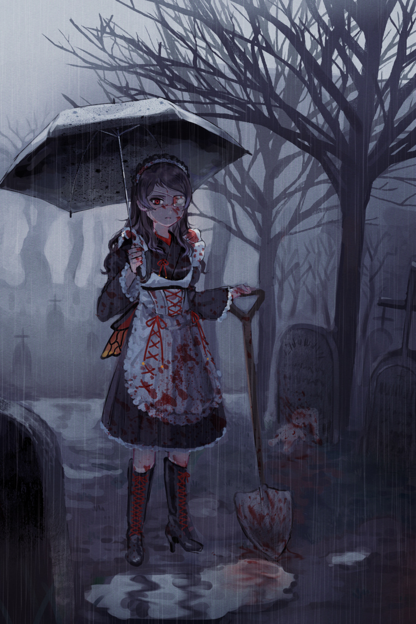 1girl, absurdres, animal_print, apron, bangs, bare_tree, black_footwear, black_kimono