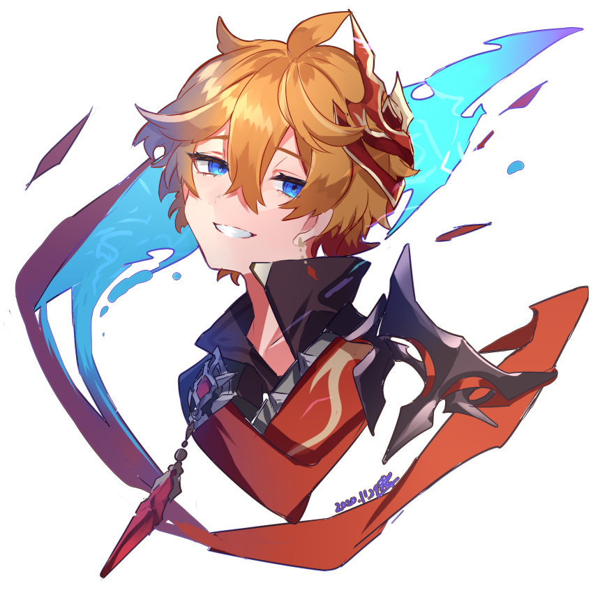 1boy, ahoge, blue_eyes, blue_scarf, collarbone, crystal, dated, earrings