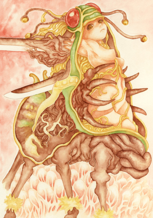 1girl, ant_girl, breasts, brown_eyes, closed_mouth, completely_nude, dual_wielding, egg