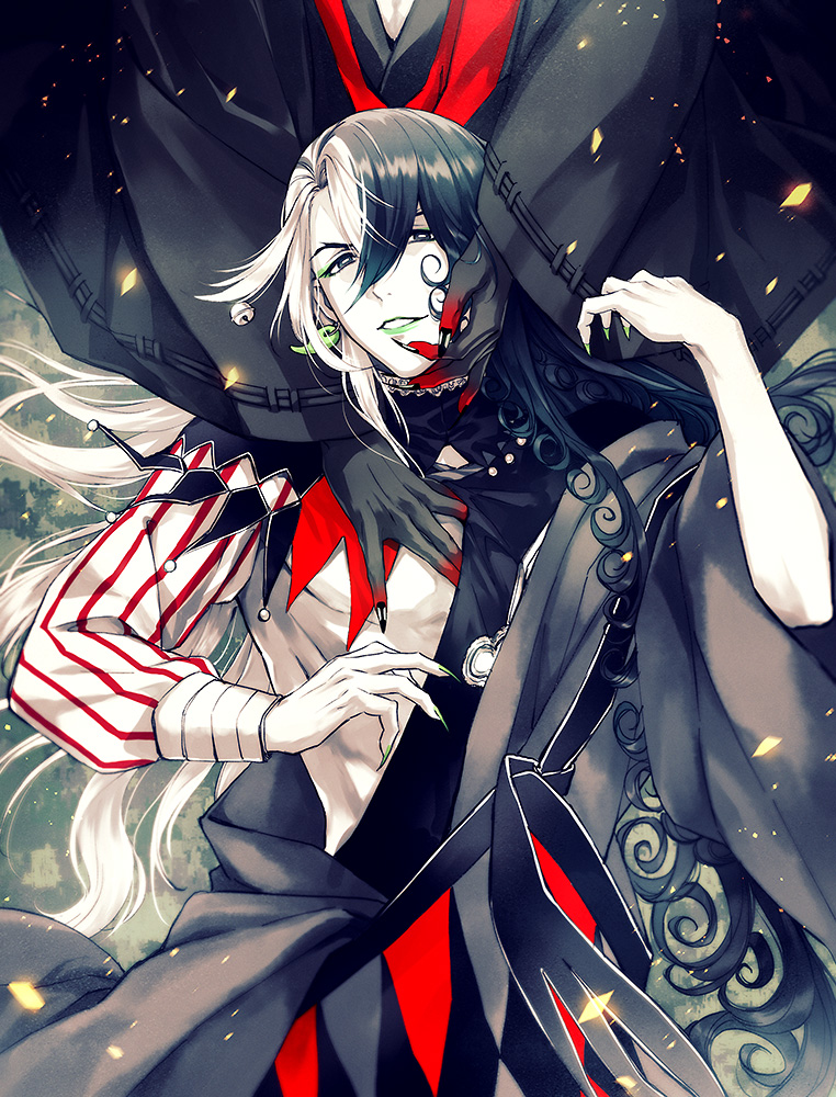 2boys, ashiya_douman_(fate), assisted_exposure, asymmetrical_clothes, asymmetrical_hair, bell, black_eyes, black_hair