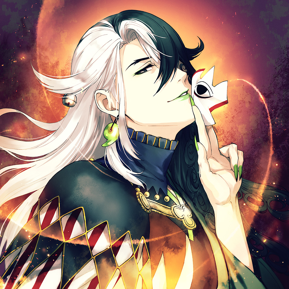 1boy, ashiya_douman_(fate), asymmetrical_clothes, asymmetrical_hair, bell, black_eyes, black_hair, curly_hair