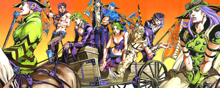araki_hirohiko, everyone, gakuran, giorno_giovanna, gyro_zeppeli, higashikata_josuke, higashikata_jousuke, highres, hirohiko_araki, horse, johnny_joestar, jojo's_bizarre_adventure, jojo_no_kimyou_na_bouken, jonathan_joestar, joseph_joestar, joseph_joestar_(young), kujo_jolyne, kujo_jotaro, kuujou_jolyne, kuujou_joutarou, pimp, school_uniform, steel_ball_run, time_paradox, will_anthonio_zeppeli
