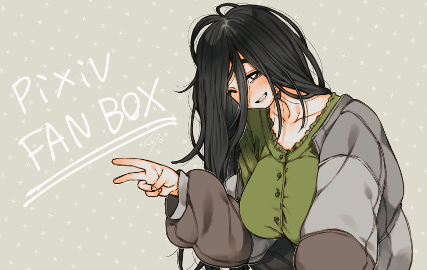 1girl, black_hair, blush, breasts, fanbox, green_sweater, grey_background, grey_eyes