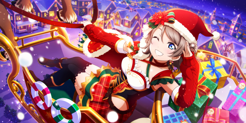 blue_eyes, blush, christmas, christmas_hat, christmas_present, dress, grey_hair, love_live!_school_idol_festival_all_stars