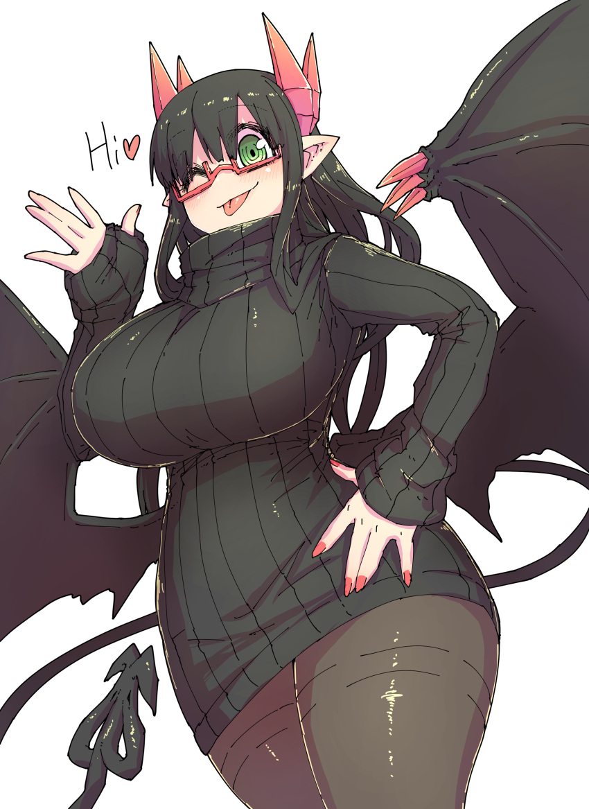 1girl, absurdres, black_hair, black_sweater, black_tail, black_wings, breasts, curvy