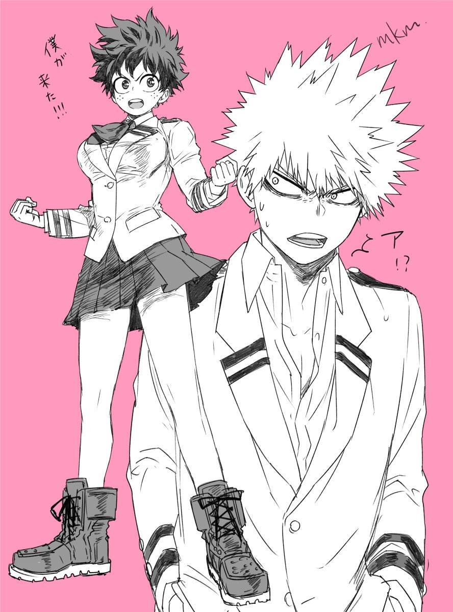 1boy, 1girl, bakugou_katsuki, bangs, boku_no_hero_academia, breasts, collarbone, commentary_request