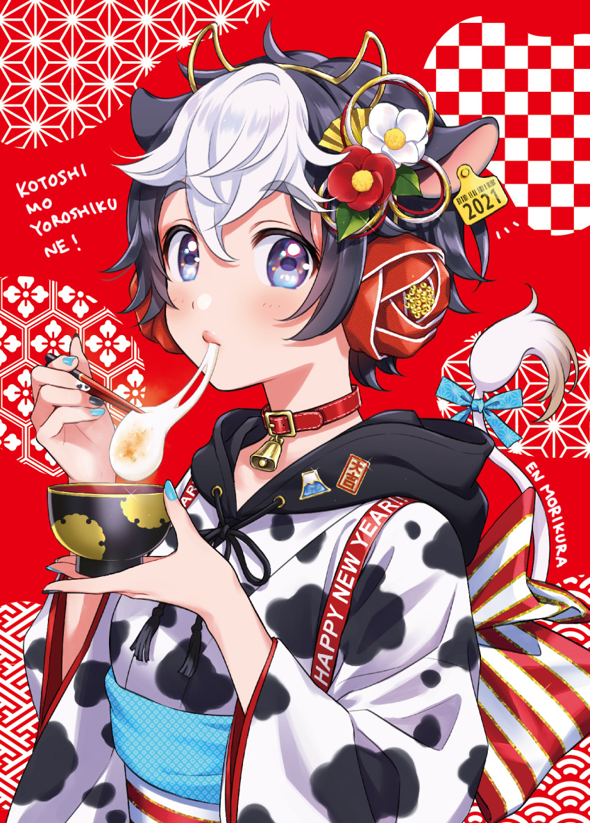 1girl, animal_ears, animal_print, black_hair, blue_eyes, blush, bowl, chopsticks