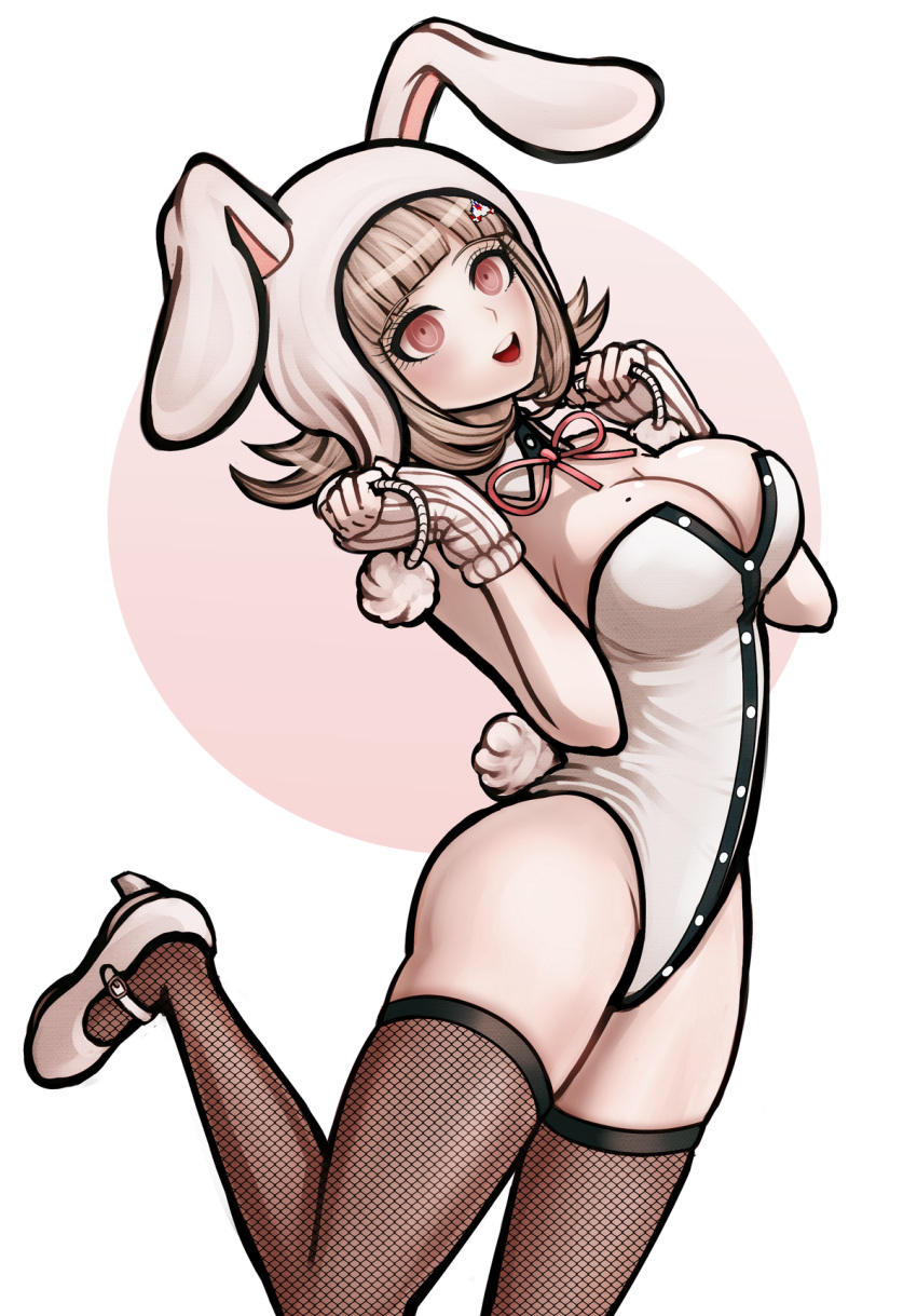 1girl, :d, animal_ears, animal_hood, blush, breasts, bunny_hood, bunny_tail, commentary, commission, dangan_ronpa_(series), dangan_ronpa_2:_goodbye_despair, detached_collar, fake_animal_ears, fake_tail, fishnet_legwear, fishnets, flipped_hair, highleg, highres, hood, komatsuzaki_rui_(style), kurokku-tokei, large_breasts, leg_up, leotard, lipstick, looking_at_viewer, makeup, medium_hair, mole, mole_on_breast, nanami_chiaki, neck_ribbon, official_style, open_mouth, parody, pink_eyes, pink_hair, playboy_bunny, rabbit_ears, ribbon, smile, solo, strapless, strapless_leotard, tail, thigh-highs, upper_teeth