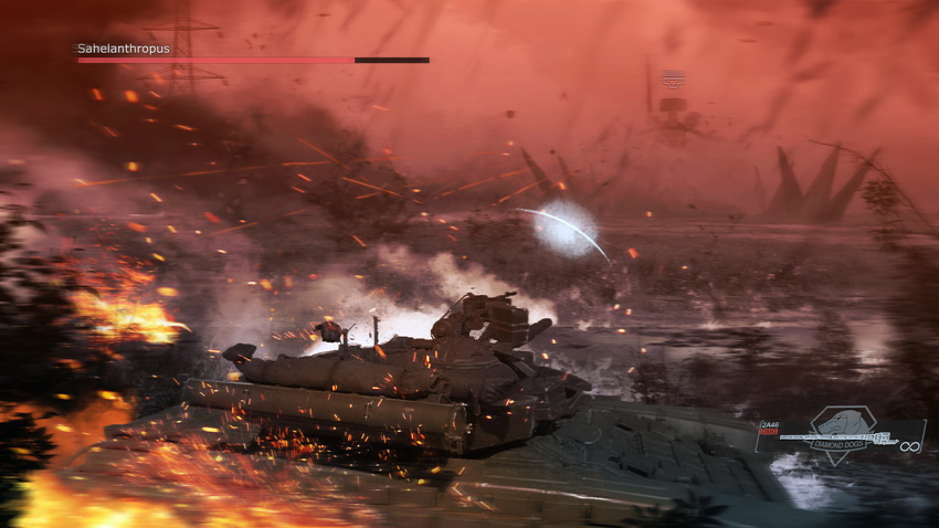battle, commentary_request, english_commentary, english_text, fire, gameplay_mechanics, ground_vehicle, mecha
