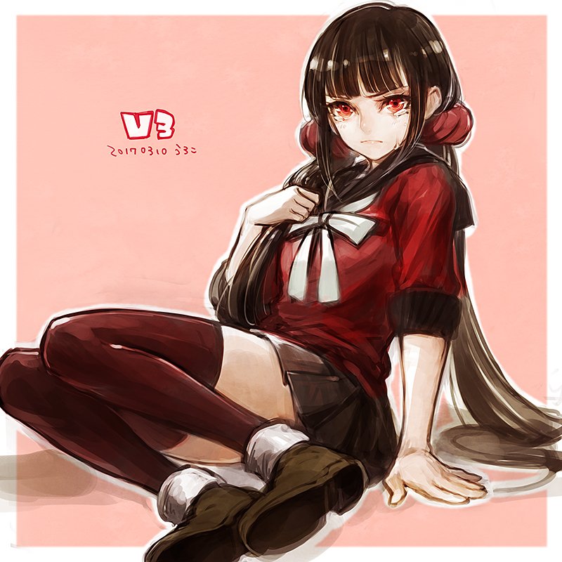 1girl, arm_support, bangs, blunt_bangs, brown_hair, closed_mouth, commentary_request, copyright_name