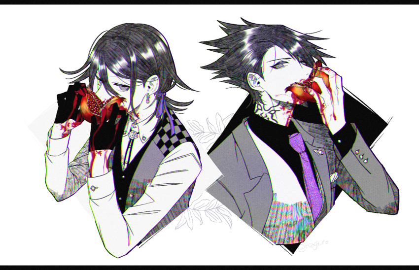 2boys, alternate_costume, alternate_hair_color, alternate_hairstyle, bangs, black_hair, black_shirt, collared_shirt