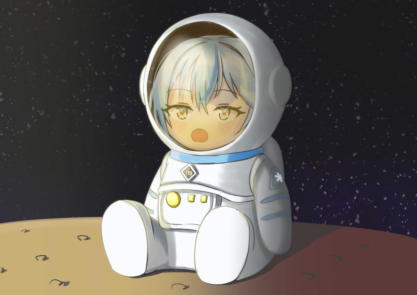 1girl, :o, absurdres, astronaut, bangs, blue_hair, blush, chibi