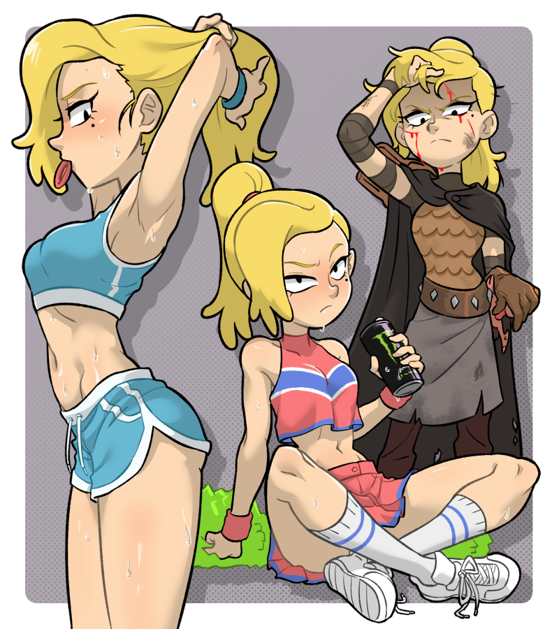 1girl, amphibia, armor, armpits, blonde_hair, blood, blush, breasts