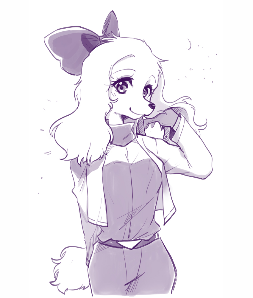 1girl, :3, animal_ears, arm_behind_back, belt, blush, bow, breasts, closed_mouth, collared_jacket, commentary, commentary_request, cowboy_shot, cropped_legs, dog_ears, dog_girl, dog_tail, fay_spaniel, furry, gloves, hair_bow, hand_up, happy, light_blush, long_sleeves, looking_at_viewer, medium_breasts, monochrome, namagaki_yukina, pants, shirt, simple_background, sketch, smile, solo, standing, star_fox, tail, white_background