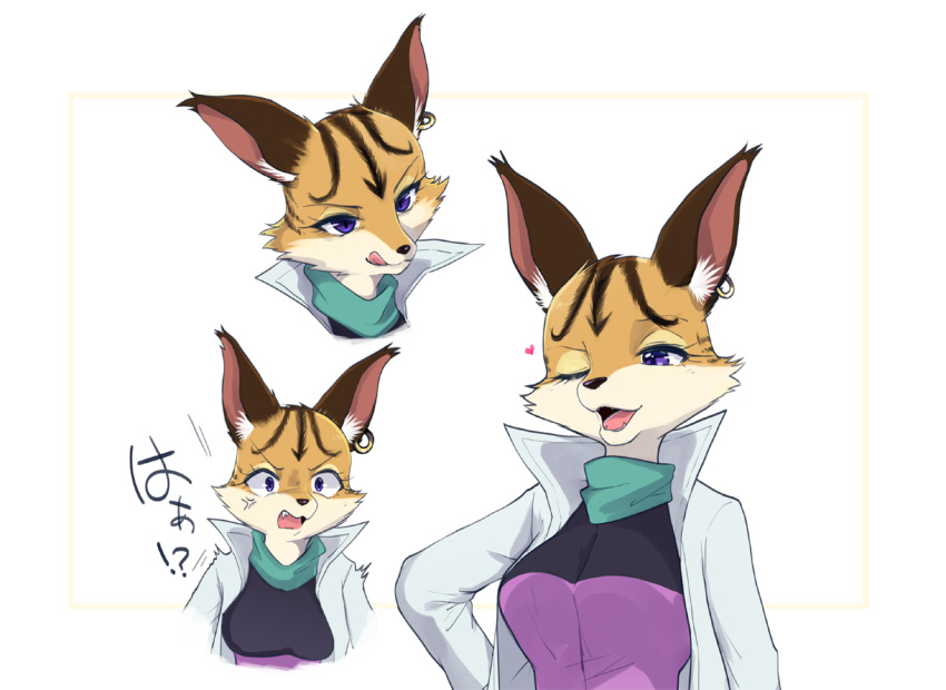 1girl, :3, anger_vein, angry, animal_ears, breasts, cat_ears, cat_girl, closed_mouth, commentary_request, constricted_pupils, cropped_torso, expressions, face, fangs, furry, half-closed_eye, hand_on_hip, happy, heart, high_collar, jacket, jewelry, licking_lips, long_sleeves, looking_down, medium_breasts, miyu_lynx, multicolored_shirt, multiple_views, namagaki_yukina, one_eye_closed, open_mouth, purple_shirt, shirt, simple_background, single_earring, smile, star_fox, teeth, tongue, tongue_out, translated, two-tone_background, upper_body, v-shaped_eyebrows, violet_eyes, white_background, white_jacket