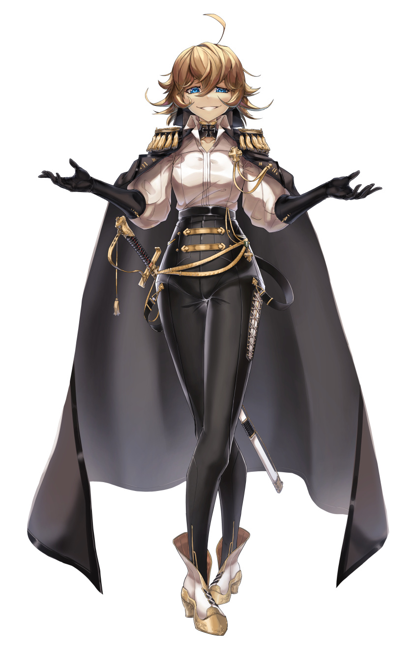 1girl, absurdres, ahoge, alternate_costume, black_cape, black_gloves, black_legwear, black_pants
