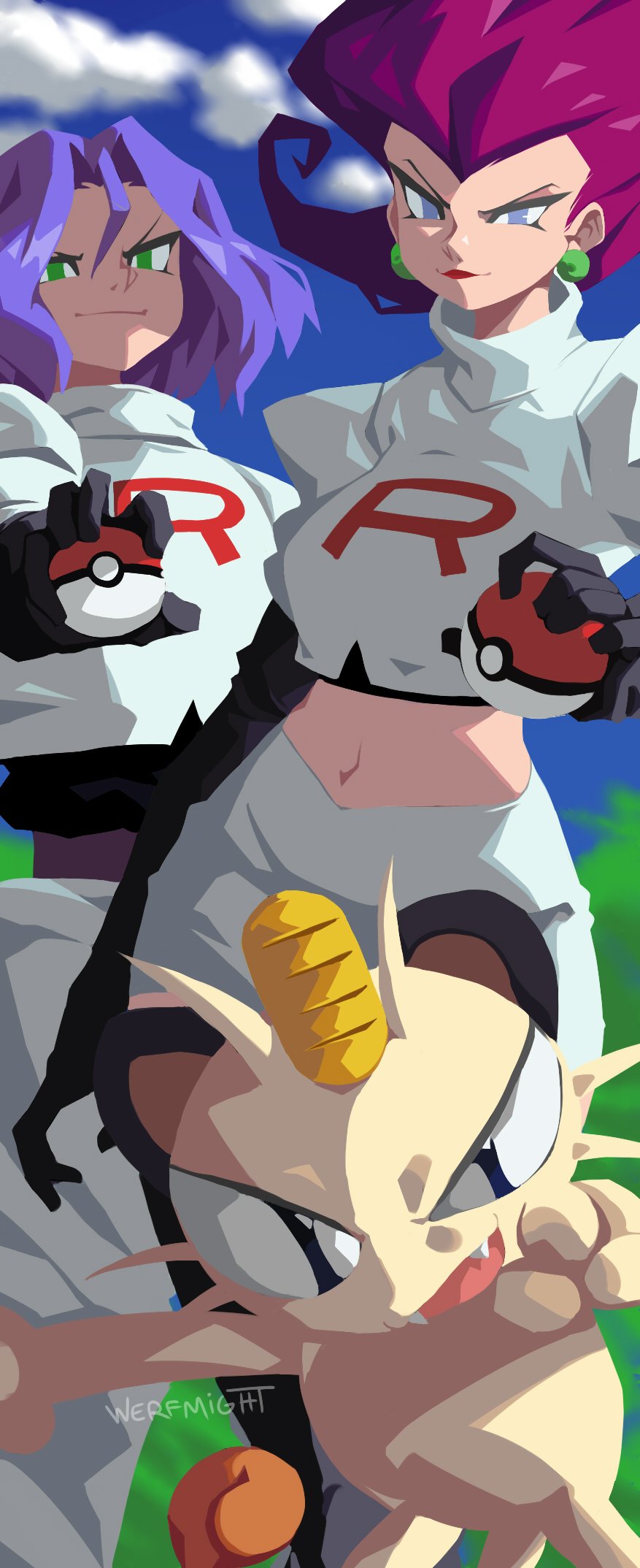 1girl, 2boys, artist_name, blue_eyes, crop_top, earrings, fangs, gen_1_pokemon