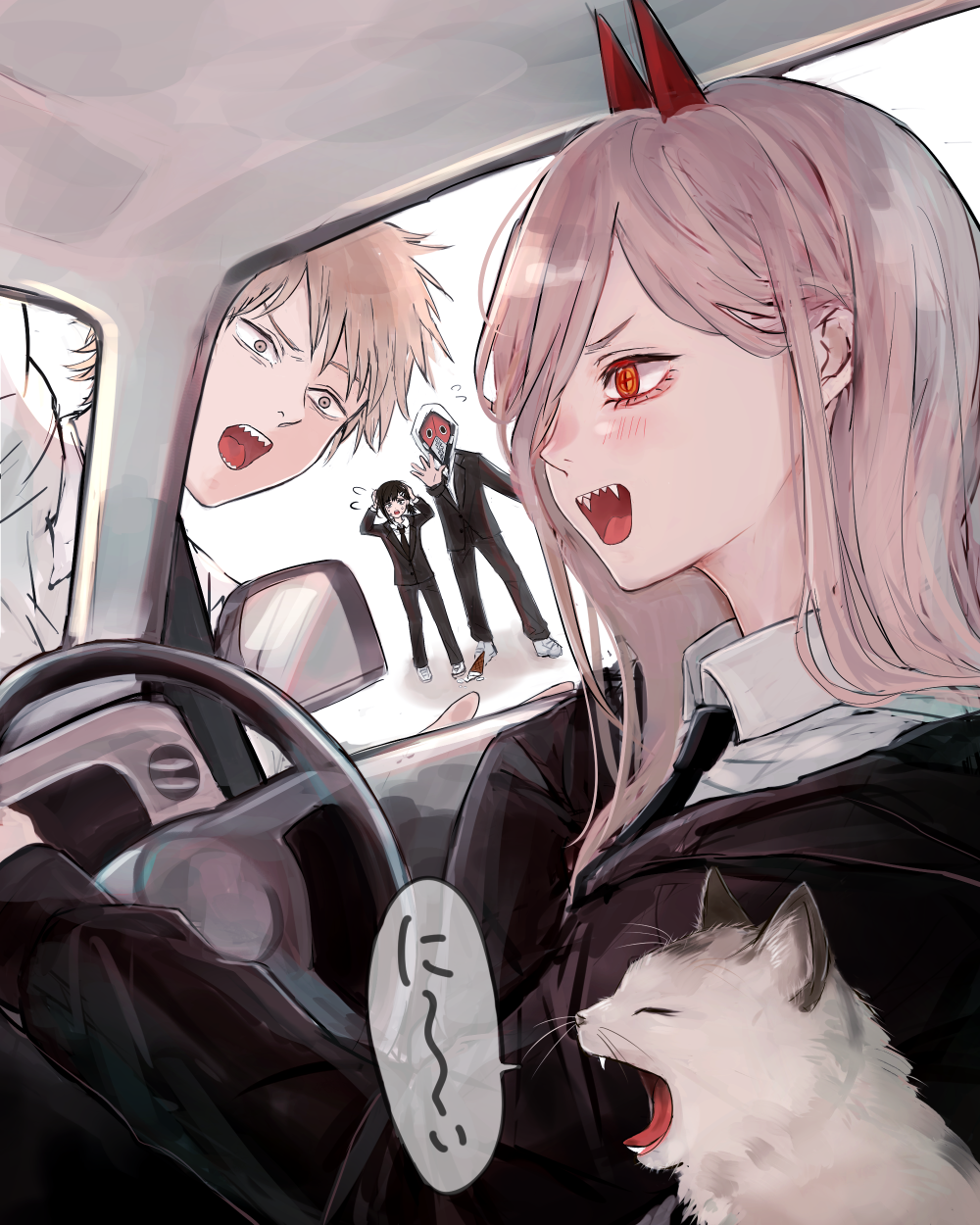 2boys, 2girls, :d, :o, black_hair, blonde_hair, car_interior, cat