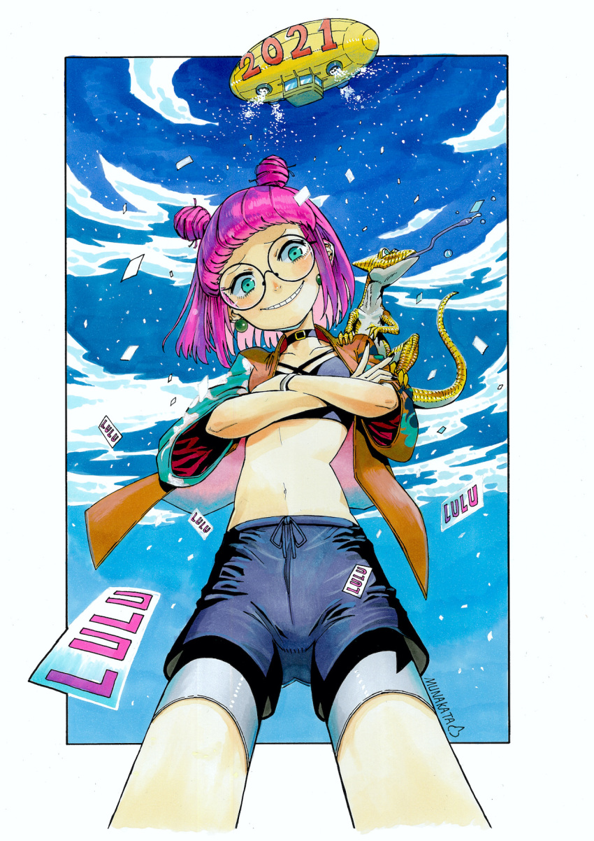 1girl, 2021, aircraft, animal_on_shoulder, aqua_eyes, black_shorts, blue_sky, blush