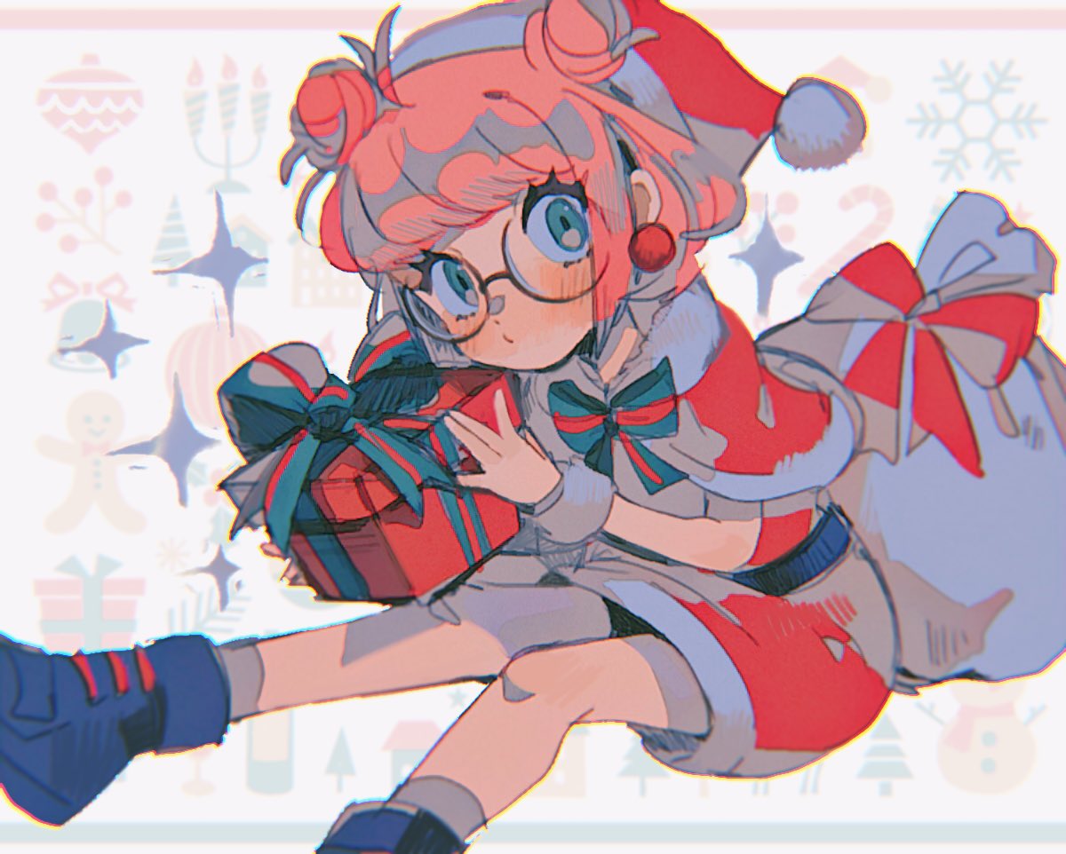 1girl, aqua_eyes, bag, blue_footwear, borrowed_character, bow, box, capelet