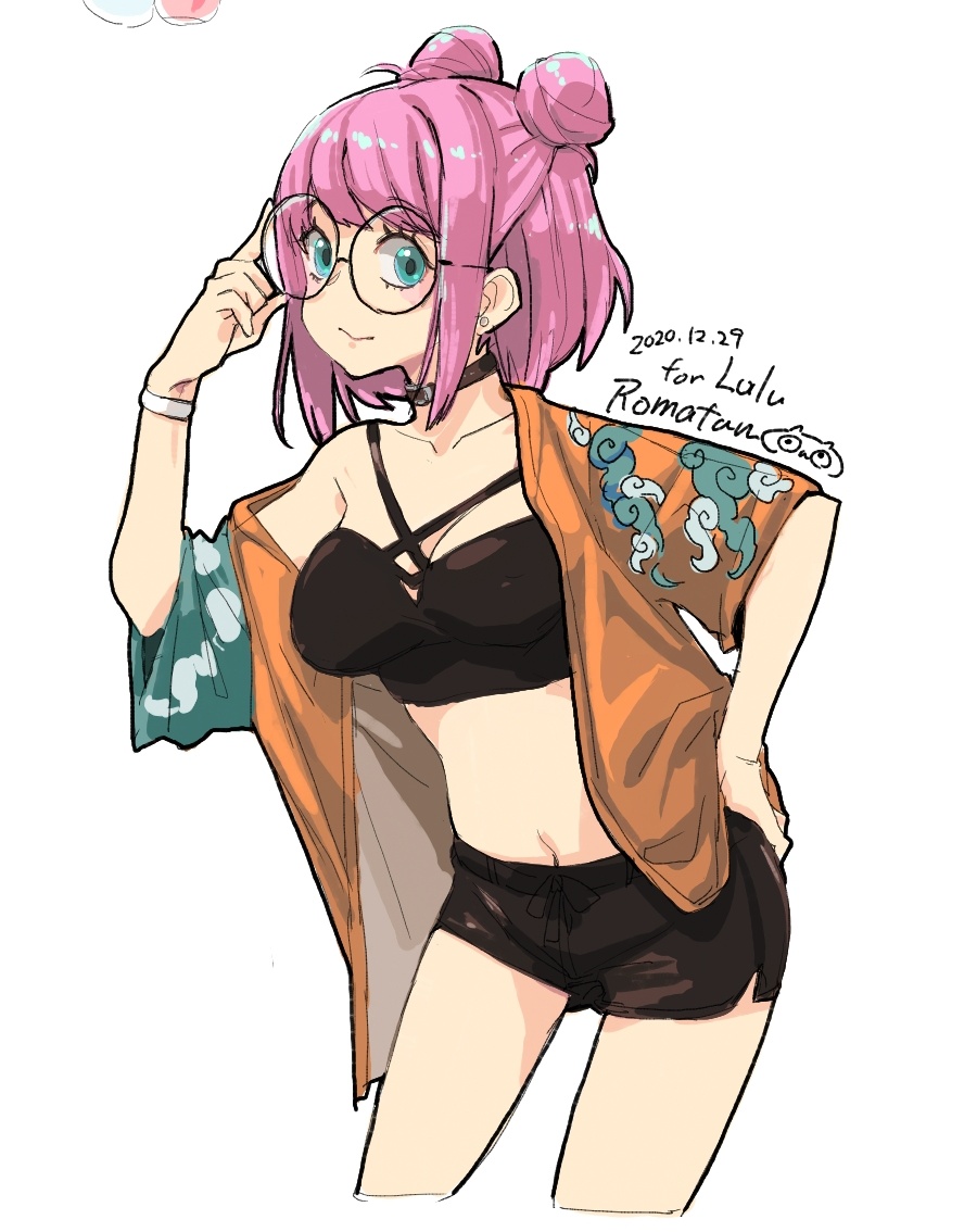 1girl, aqua_eyes, bangs, black_shorts, borrowed_character, breasts, choker, contrapposto