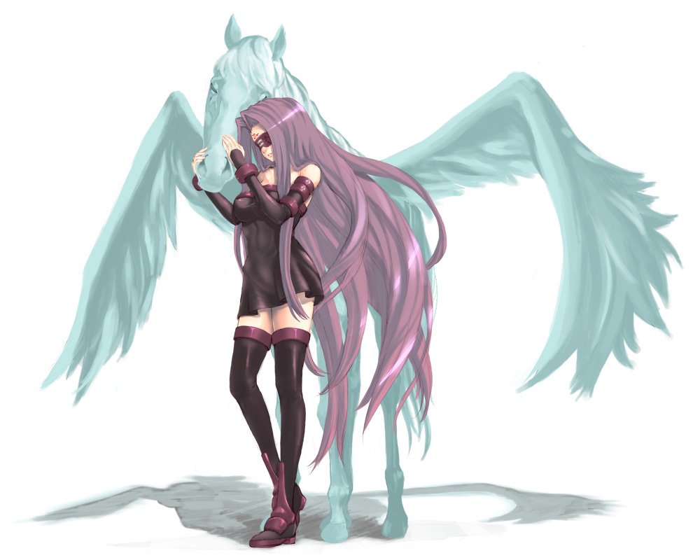 detached_sleeves, dress, fate/stay_night, fate_(series), horse, jpeg_artifacts, long_hair, osaki