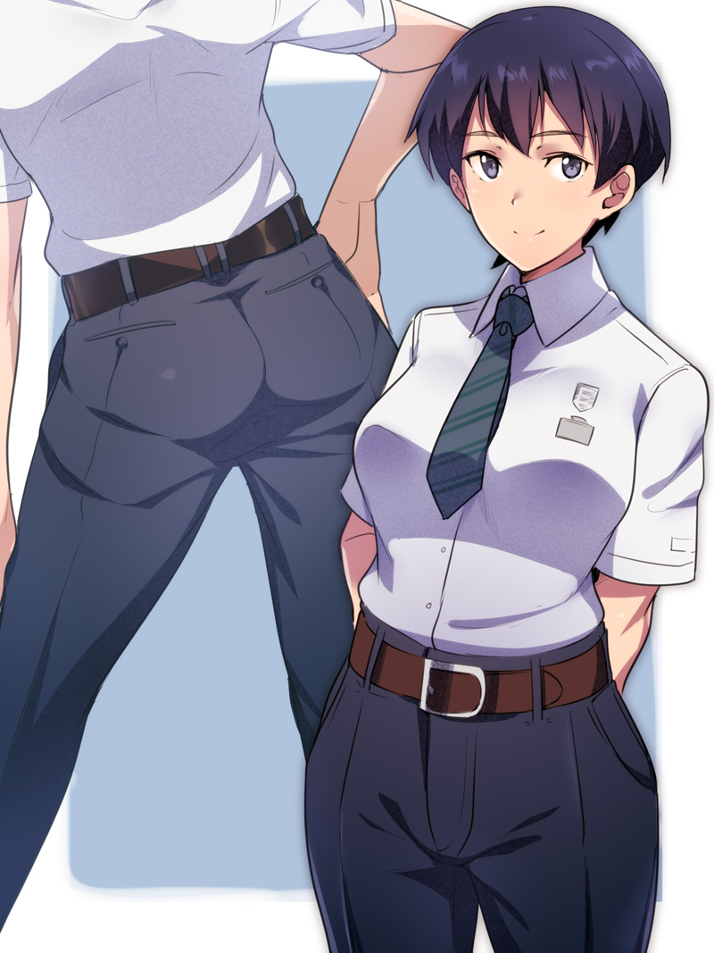 1girl, ass, belt, blue_pants, breasts, brown_belt, collared_shirt, denim