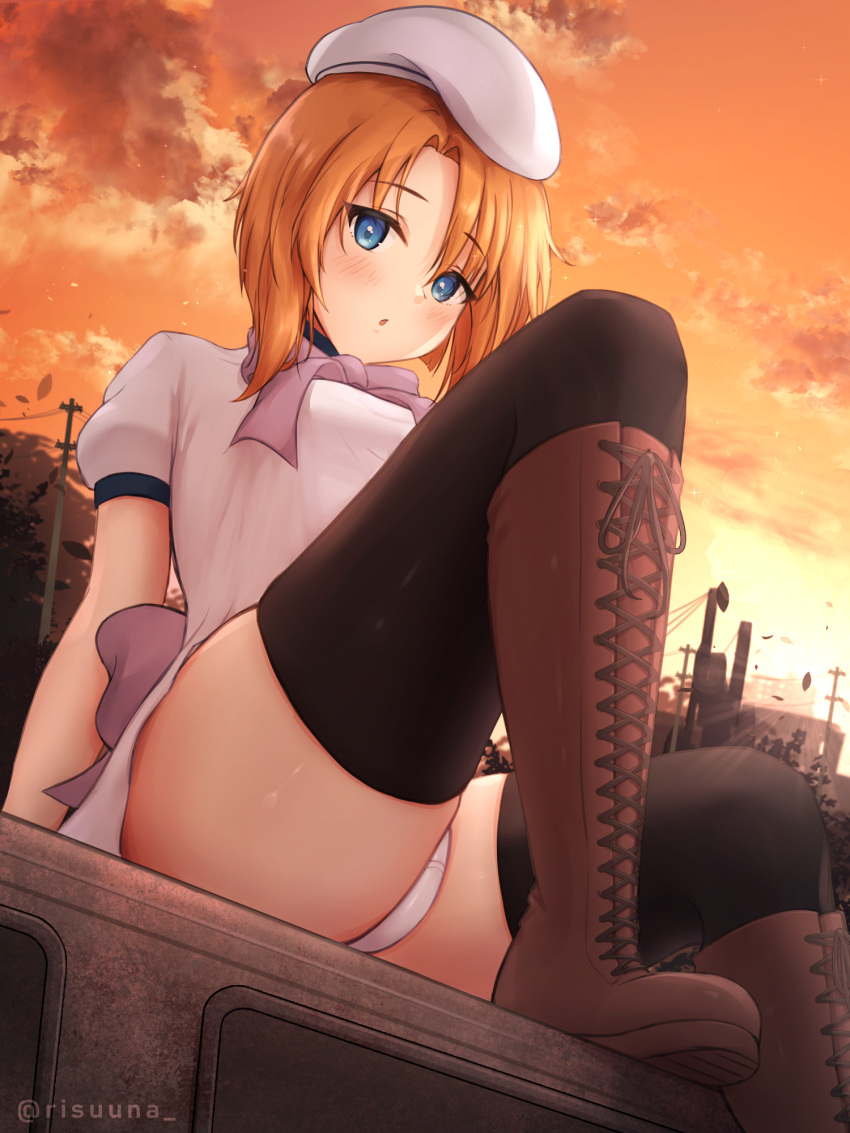 1girl, beret, black_legwear, blue_eyes, blush, boots, bow, bowtie