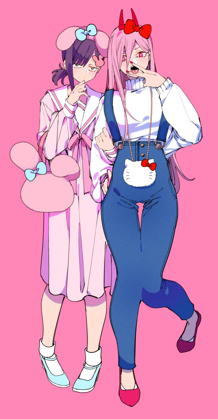 2girls, blue_overalls, bow, character_request, check_character, dress, full_body, hair_bow, hello_kitty, hello_kitty_(character), higashiyama_kobeni, highres, horns, kanitumuri, leg_up, long_hair, long_sleeves, multiple_girls, pink_background, pink_dress, pink_hair, power_(chainsaw_man), puffy_long_sleeves, puffy_sleeves, red_bow, red_eyes, red_footwear, red_horns, red_nails, sailor_collar, simple_background, standing, sweater, v, very_long_hair, white_sailor_collar, white_sweater